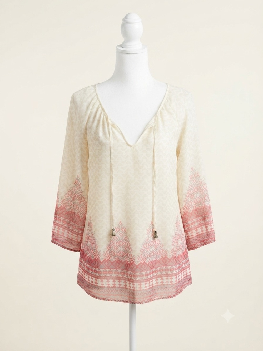 Maurices Cream Boho Tunic with Pink Embroidered Hem